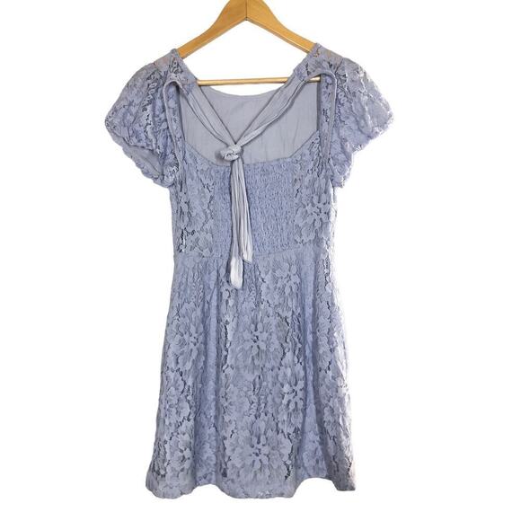 Free People Hailee Dress Lace Puff Sleeve A-Line Mini Twinkling Perry Blue NWT S - Picture 4 of 9